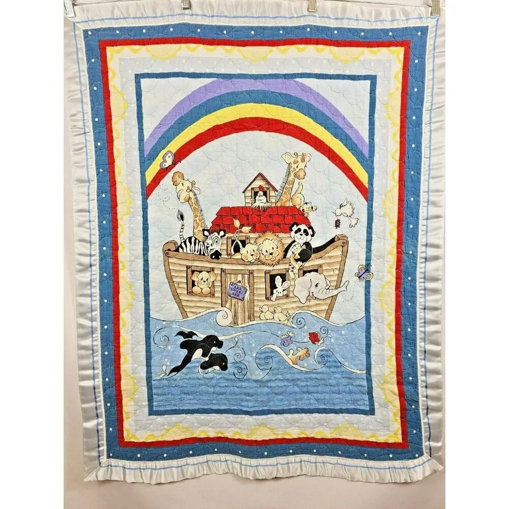 Noahs Ark Soft Satin Trim‎ VTG Bold Multicolor Animal Print Baby Blanket Throw